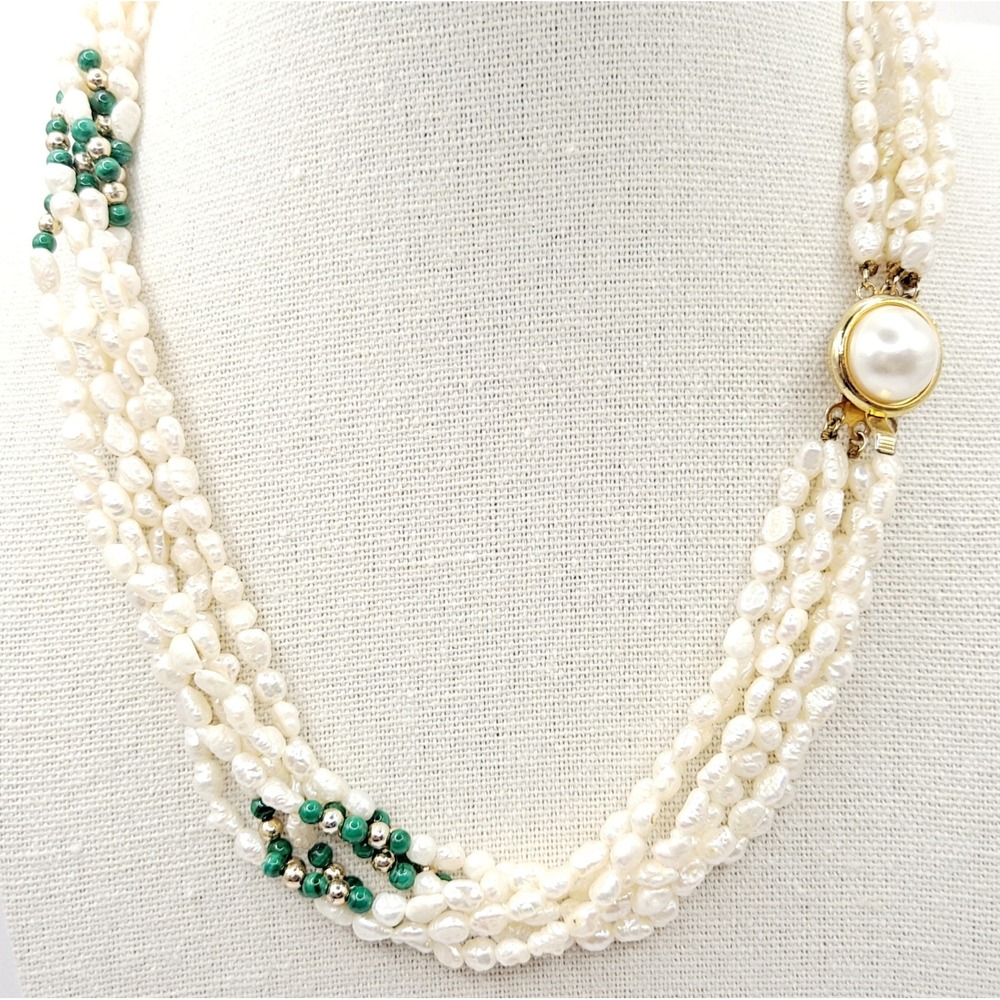 Vintage Pearl Necklace Gold Tone Multi Strand Green Beads Box Clasp